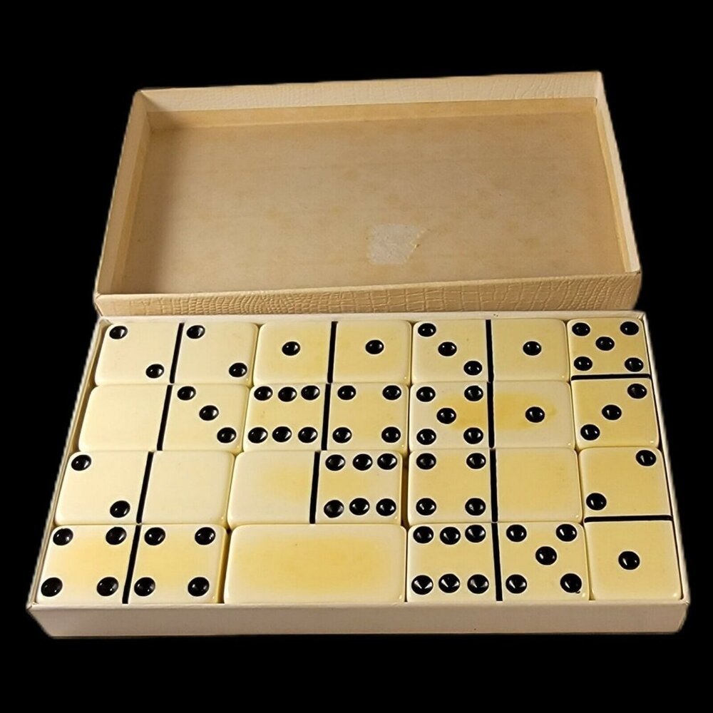 Vintage Bakelite Domino Set  Double 6 Complete Black White